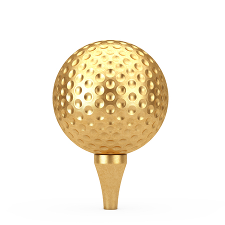 Golden Golf Ball on Tee on a white background 3d Renderingの写真素材