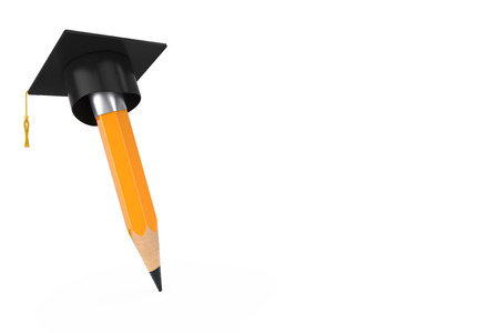 Yellow Pencil with Academic or Graduation Hat on a white background 3d Renderingの写真素材