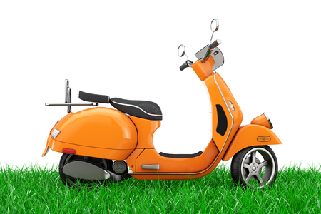 Orange Classic Vintage Retro or Electric Scooter in Green Grass on a white background 3d Renderingの写真素材