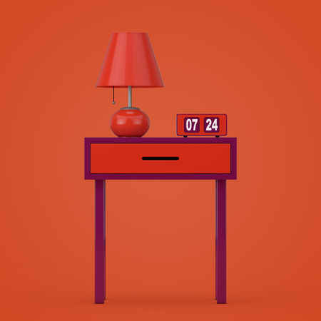 Vintage Flip Clock with Retro Night Table Lamp over Old Stylish Table on an orange background 3d Renderingの写真素材