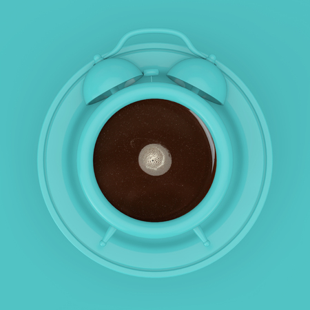 Coffee Break Concept. BlueCoffee Cup as Alarm Clock with Plate on a blue background 3d Renderingの写真素材
