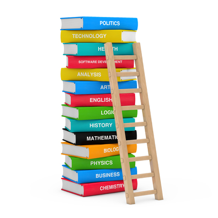 Education Concept. Wooden Ladder with Stack of Coloured School Books on a white background 3d Renderingの写真素材