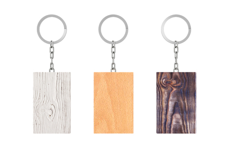Set of Vintage Keychain with Wooden Plank and Empty Space for Your Design on a white background. 3d Renderingの写真素材