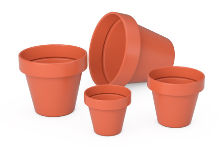 Empty Brown Unpainted Clay Flower Pots on a white background. 3d Renderingの写真素材