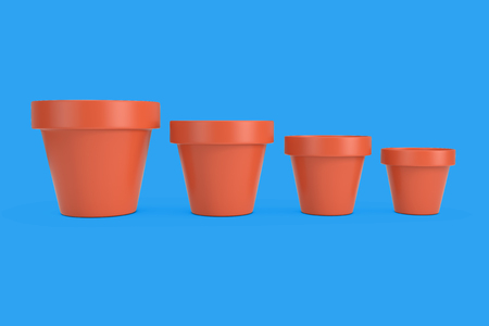 Different Size Set of Empty Brown Unpainted Clay Flower Pots on a blue background. 3d Renderingの写真素材