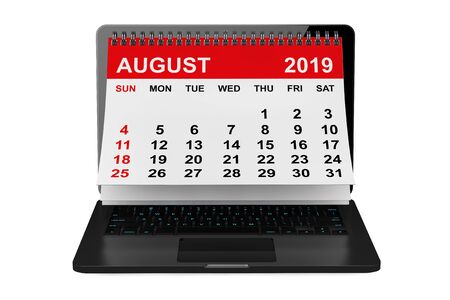 2019 year calendar. August calendar over laptop screen on a white background. 3d renderingの写真素材