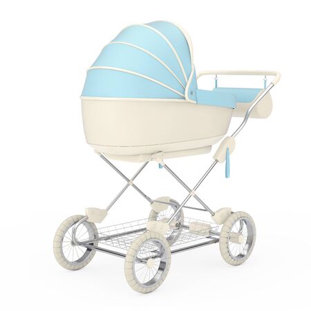 Modern Blue Baby Carriage, Stroller, Pram on a white background. 3d Rendering の写真素材