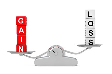 Gain and Loss Cube Blocks over Simple Balance Scale on a white background. 3d Renderingの写真素材