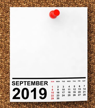 Calendar September 2019 on Blank Note Paper with Free Space for Your Text.3d Renderingの写真素材