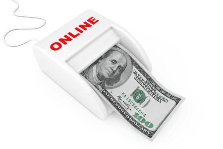 Make Money Online Concept. Money Maker Online Machine with Dollars Banknote on a white background. 3d Renderingの写真素材