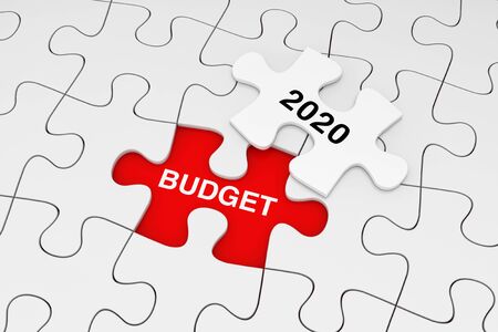 One Piece of White Jigsaw Puzzle over Plain of White Puzzle with Budget 2020 Words on a red background. 3d Renderingの写真素材