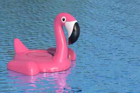 Summer Swimming Pool Inflantable Rubber Pink Flamingo Toy in Clean Pool or Sea Blue Water on a white...