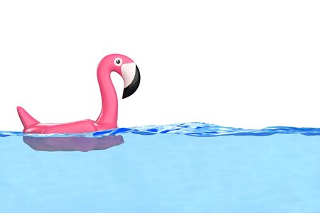 Summer Swimming Pool Inflantable Rubber Pink Flamingo Toy in Clean Pool Blue Water on a white background. 3d Renderingの写真素材