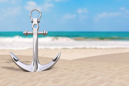 Summer Vacation Concept. Silver Nautical Anchor on an Ocean Deserted Coast extreme closeup. 3d Renderingの写真素材