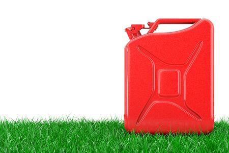 Eco Fuel Concept. Red Metal Jerrycan in a Green Grass on a white background. 3d Renderingの写真素材