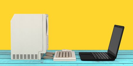 Computer Technology Concept. The System Unit, Monitor, Keyboard and Mouse in front of Modern Laptop Computer on a wooden table. 3d Renderingの写真素材