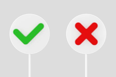 Red Cross and Green Check Mark, Confirm or Deny, Yes or No Banners Icon Signs on a white background. 3d Renderingの写真素材