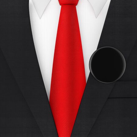 Modern Elegant Man Suit with Red Necktie and Black Blank Vote Badge extreme closeup . 3d Renderingの写真素材
