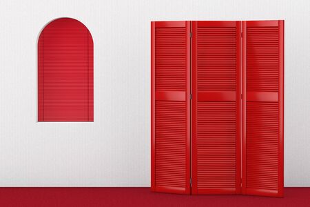Red Folding Wooden Dress Screen near Red Window extreme closeup. 3d Renderingの写真素材
