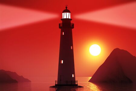 Lighthouse in Ocean or Sea on a Blue Sky Background. 3d Renderingの写真素材