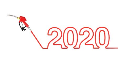 Gasoline Pistol Pump Fuel Nozzle, Gas Station Dispenser with 2020 New Year Sign on a white...