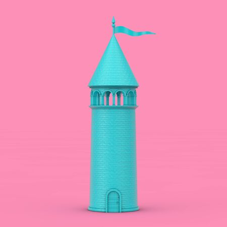 Blue Fantastic Castle Tower Duotone on a pink background. 3d Renderingの写真素材