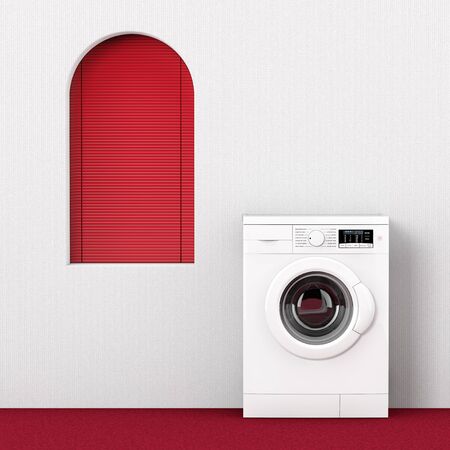 Modern Washing Machine near Red Window extreme closeup. 3d Renderingの写真素材