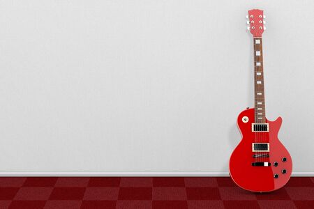 Beautiful Red Electric Guitar in Retro Style in front of white wall. 3d Renderingの写真素材