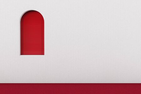 Red Window with Venetian Blinds in Room with Red Carpet and White Wall extreme closeup. 3d Renderingの写真素材