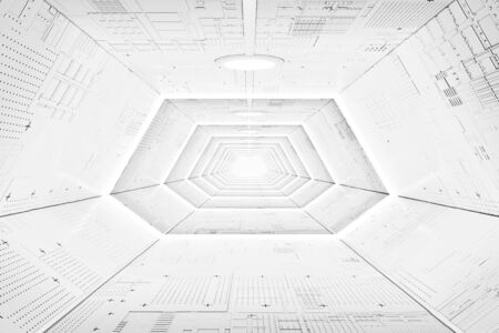 Futuristic Sci-Fi Spaceship Corridor Interior with Light Panels extreme closeup. 3d Renderingの写真素材