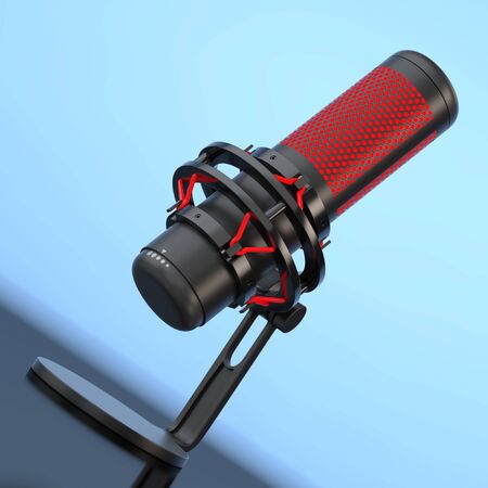 Modern Desktop Condencer Studio Microphone on a blue background. 3d Renderingの写真素材