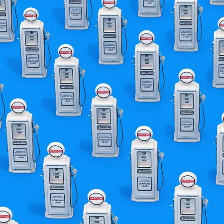 Rows of White Retro Isometric Gas Pump on a blue background. 3d Renderingの写真素材
