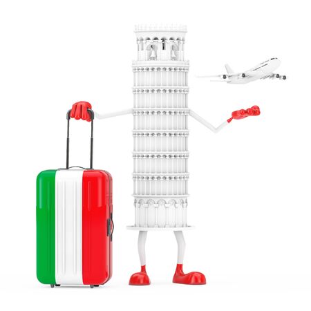 Travel to Italy Concept. White Cartoon Leaning Pisa Tower Person with Suitcase as Italy Flag and White Jet Passenger's Airplane on a white background. 3d Rendering の写真素材