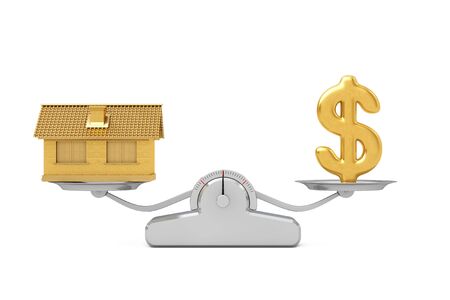 Golden Dollar Sign with Golden House Balancing on a Simple Weighting Scale on a white background. 3d Renderingの写真素材