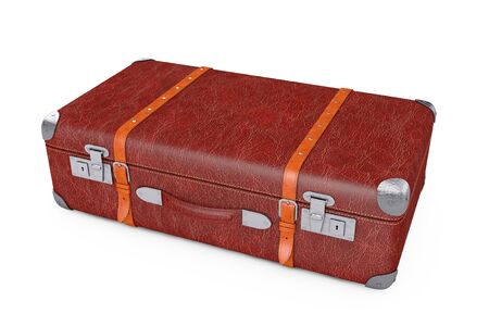 Retro Leather Brown Threadbare Suitcase With Metal Corners and Belts on a white background. 3d Rendering の写真素材