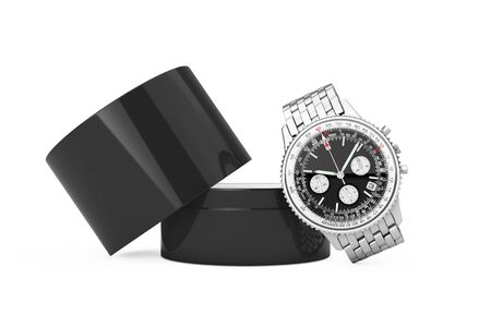 Luxury Classic Analog Men's Wrist Silver Watch with Gift Box on a white background. 3d Rendering