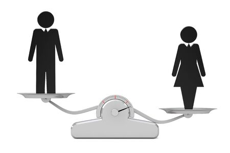 Gender Equality Concept. Black Man and Woman icons on a Simple Weighting Scale on a white background. 3d Renderingの写真素材