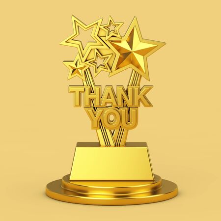 Golden Award Trophy with Thank You Sign on a Golden Pedestal on a yellow background. 3d Renderingの写真素材
