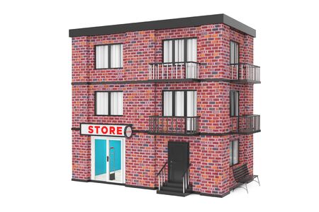 Store in City, Town Red Brick House Building on a white background. 3d Renderingの写真素材