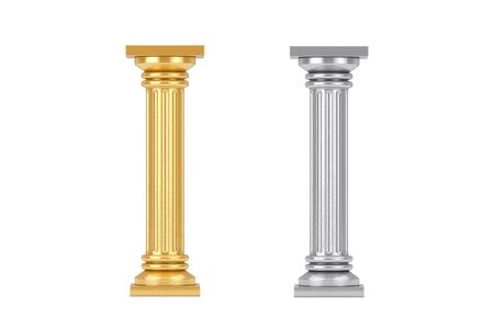 Golden and Silver Classic Greek Column Pedestal on a white background. 3d Renderingの写真素材