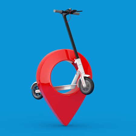 White Modern Eco Electric Kick Scooter with Red Map Pointer Pin on a blue background. 3d Renderingの写真素材