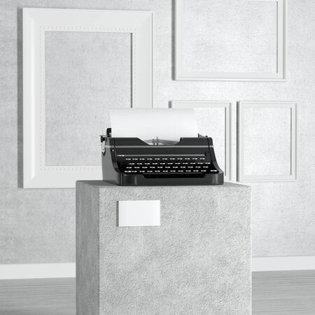 Old Vintage Retro Typewriter over Pedestal, Stage, Podium or Column in Art Gallery or Museum on a...