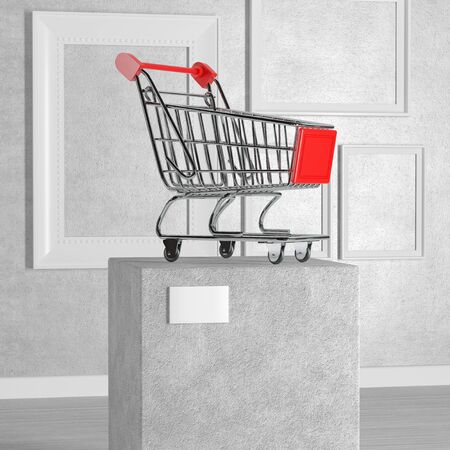 Shopping Cart Trolley over Pedestal, Stage, Podium or Column in Art Gallery or Museum on a white background. 3d Renderingの写真素材