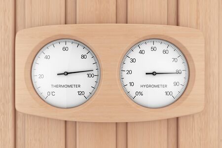 Wooden Thermometer and Hygrometer Device For Sauna on a wooden plank sauna wall . 3d Rendering