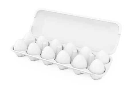 White Fresh Chicken Eggs in Carton Package Box Container as Clay Style on a white background. 3d Rendering の写真素材