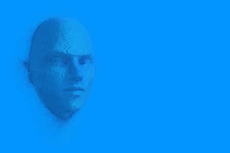 Abstract Blue Cubes Human Head and Face in Duotone Style on a blue background. 3d Rendering