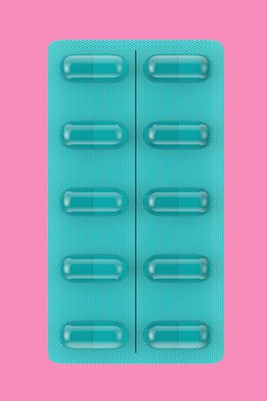 Blue Health Care Capsules in Blister Pack in Duotone Style on a pink background. 3d Rendering