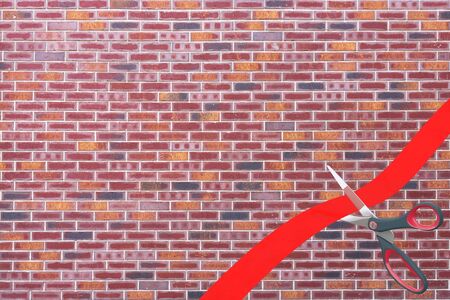 Scissors Cutting Red Ribbon with Blank Space for Your Design in Front of Brick Wall background. 3d Renderingの写真素材