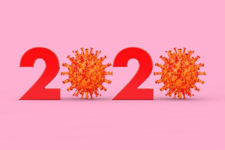 2020 Year with Zero Symbol as COVID-19 Corona Viruses Bacterias on a pink background. 3d Rendering