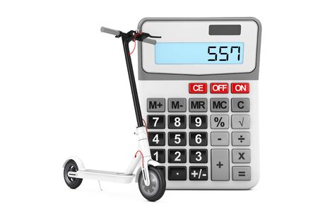 White Modern Eco Electric Kick Scooter near Pocket Calculator on a white background. 3d Renderingの写真素材